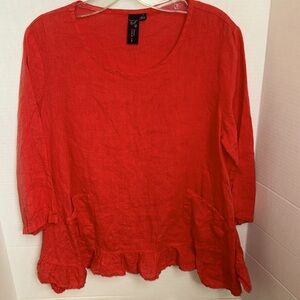 Focus Casusl Life Red Raspberry Color Linen Ruffel Hem 3/25 Sleeve